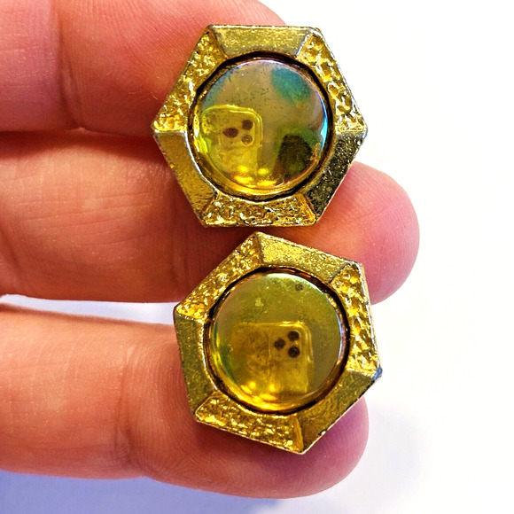 Unique Vintage Cufflinks 1970’s Goldtone & Reflecting Center Stones Hexagon Chic - Picture 6 of 6